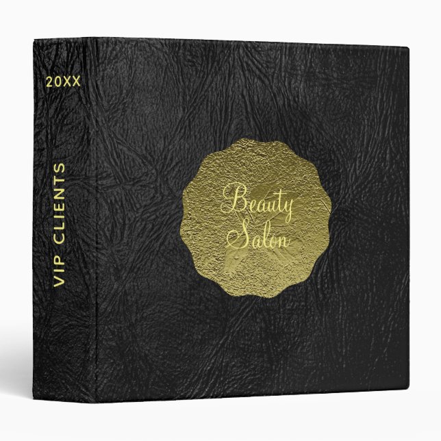Black leather metallic circle gold script luxury 3 ring binder (Front/Spine)