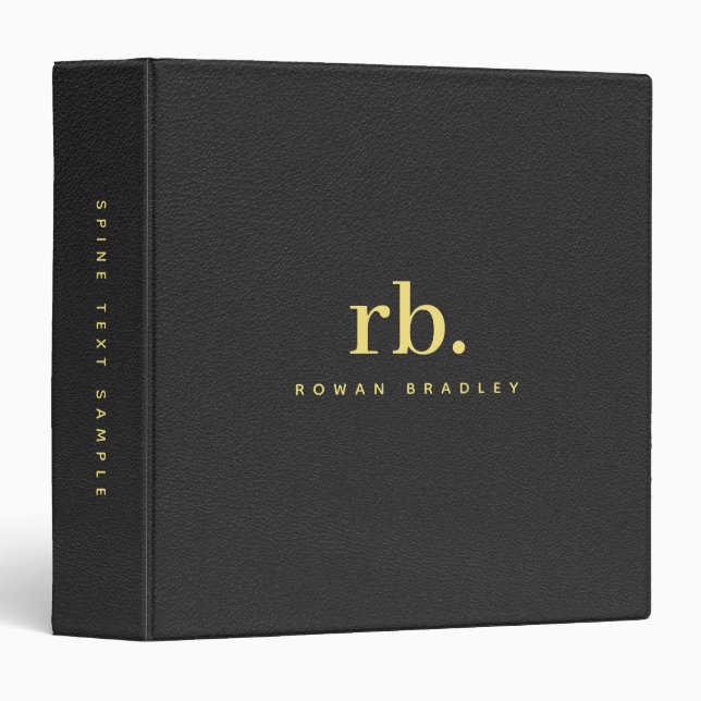 Black Leather Minimalist Gold Monogram Custom 3 Ring Binder (Front/Spine)