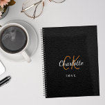 Black leather monogram initials name 2025 planner<br><div class="desc">A black faux leather photo as background and white text. Personalize and add your monogram initials,  first name,  full name and a year.</div>