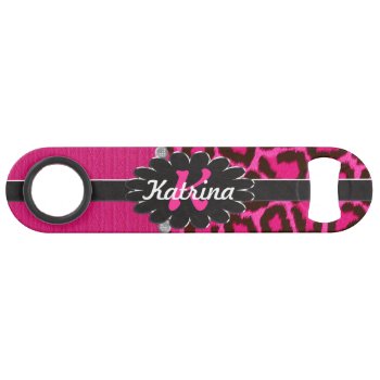 Black Leather Monogram On Pink Cheetah Bar Key by ChicPink at Zazzle