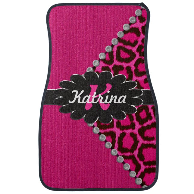 Black Leather Monogram on Pink Cheetah Car Mat (Front)
