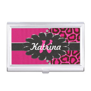 Black Leather Monogram on Pink Cheetah Case For Business Cards