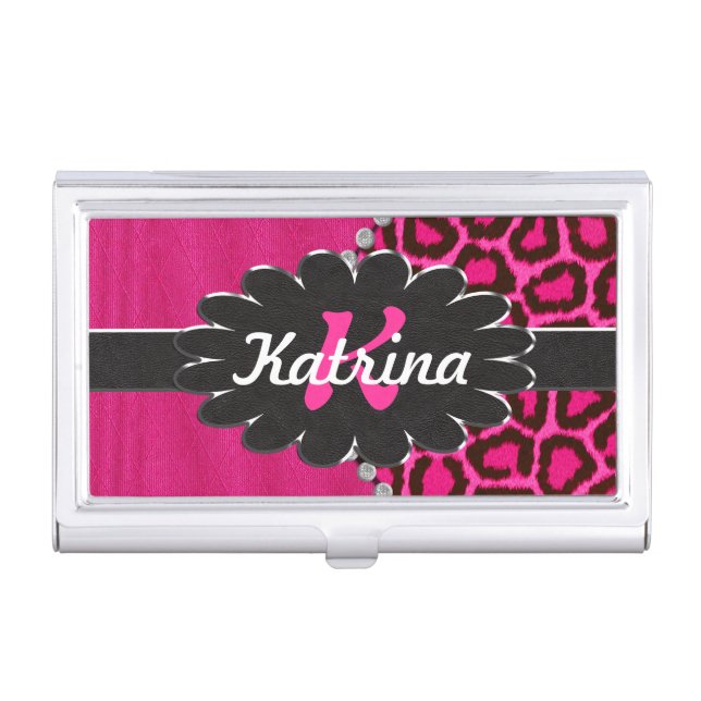 Black Leather Monogram on Pink Cheetah Case For Business Cards (Front)