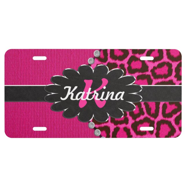 Black Leather Monogram on Pink Cheetah License Plate (Front)