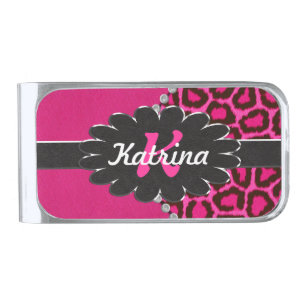 Black Leather Monogram on Pink Cheetah Silver Finish Money Clip