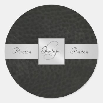 Black Leather  Monogram Wedding Sticker by theedgeweddings at Zazzle