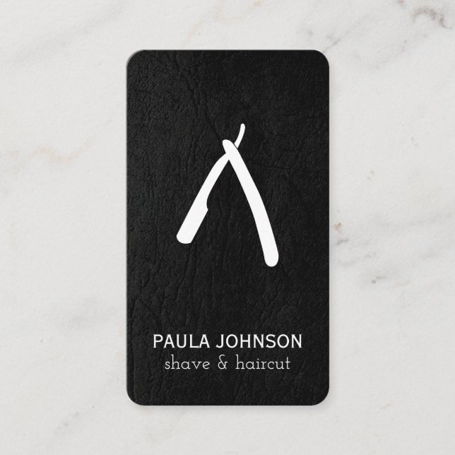 Black Leather Mustache and Barber Blade Business Card (Front)