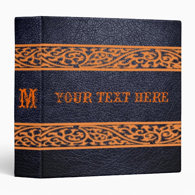 Black Leather Orange Damask Border 3 Ring Binder (Front/Spine)