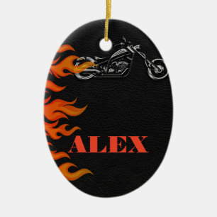 Black Leather & Orange Flames Biker Motorcycle Ceramic Ornament