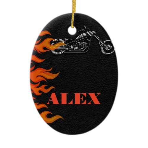 Black Leather &amp; Orange Flames Biker Motorcycle Ceramic Ornament