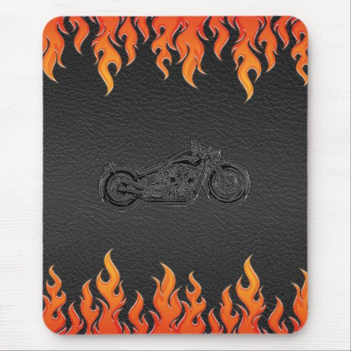 Black Leather Orange Flames Chrome Motorcycle Mouse Pad