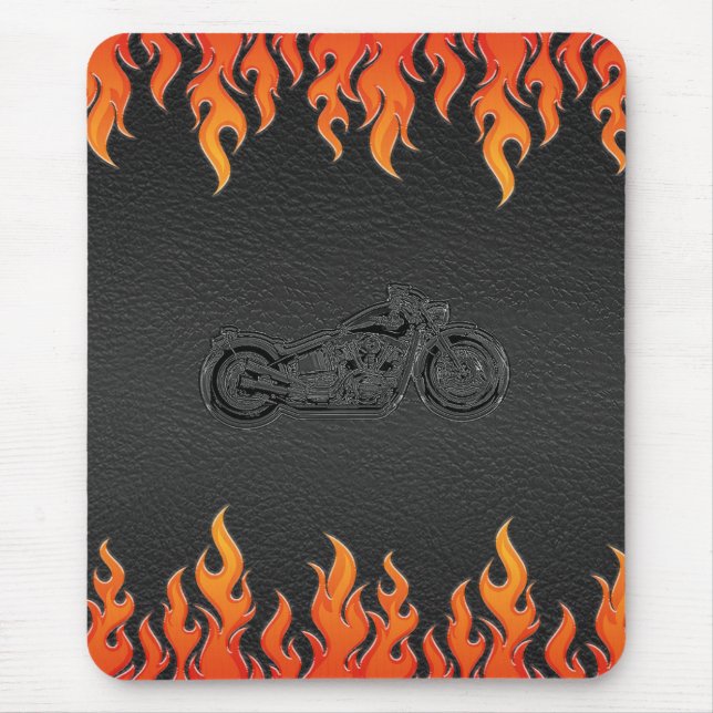 Black Leather Orange Flames Chrome Motorcycle Mouse Pad (Front)
