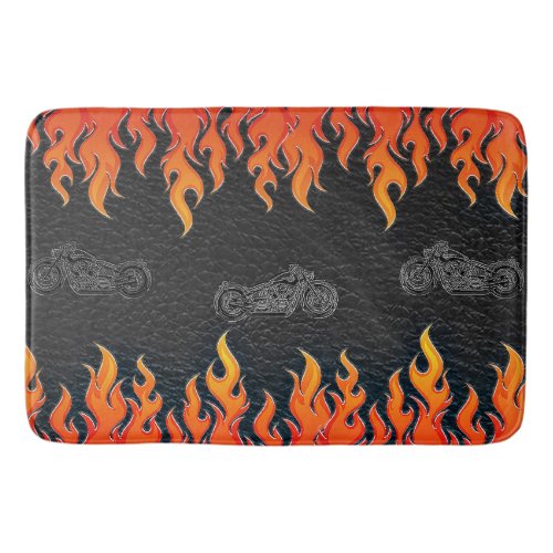 Black Leather Orange Flames Hot Fire Motorcycle Bath Mat