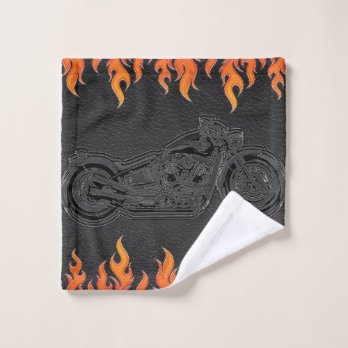 Black Leather Orange Flames Hot Fire Motorcycle Bath Towel Set