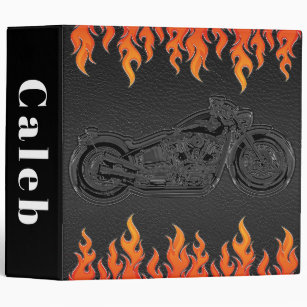Black Leather Orange Flames Hot Fire Motorcycle Binder