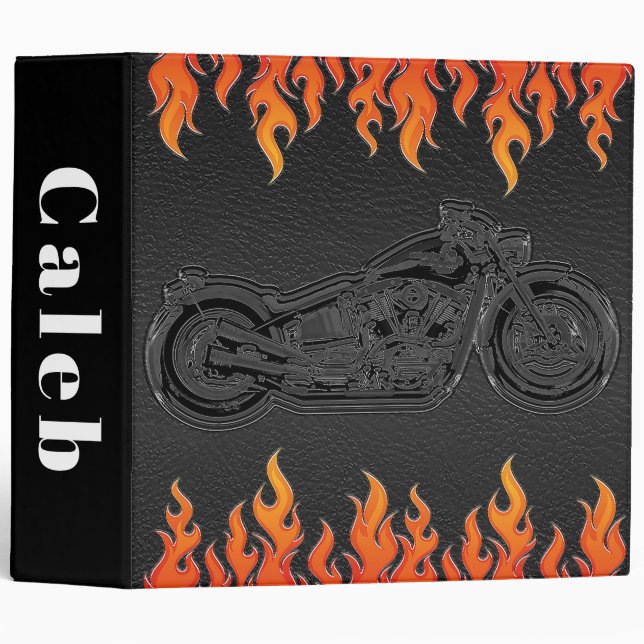 Black Leather Orange Flames Hot Fire Motorcycle Binder (Front/Spine)