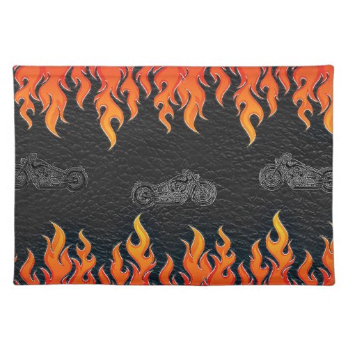 Black Leather Orange Flames Hot Fire Motorcycle Cloth Placemat