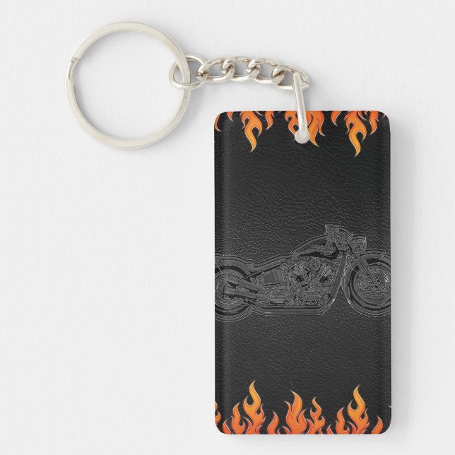 Black Leather Orange Flames Hot Fire Motorcycle Keychain (Front)