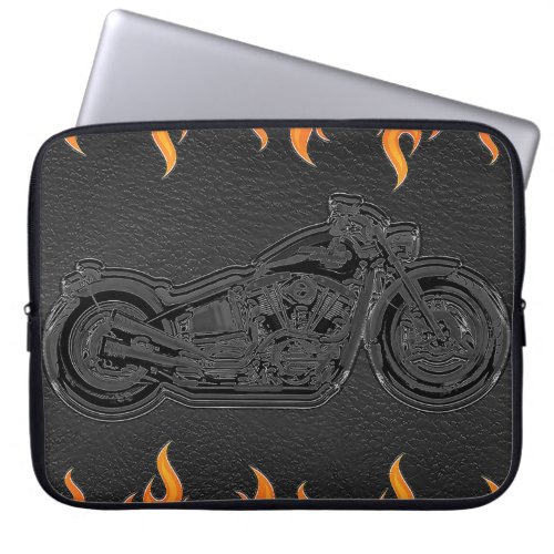 Black Leather Orange Flames Hot Fire Motorcycle Laptop Sleeve