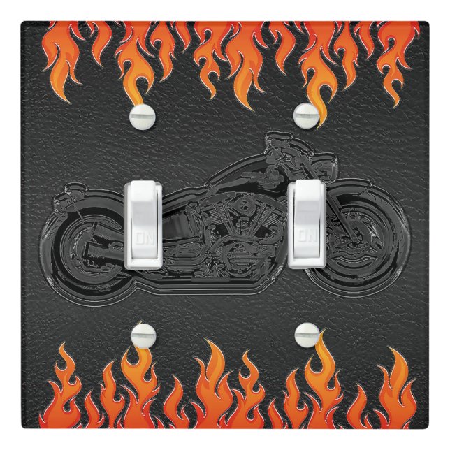 Black Leather Orange Flames Hot Fire Motorcycle Light Switch Cover (In Situ)