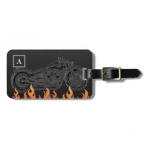 Black Leather Orange Flames Hot Fire Motorcycle Luggage Tag