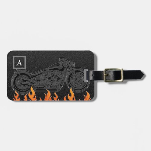 Black Leather Orange Flames Hot Fire Motorcycle Luggage Tag