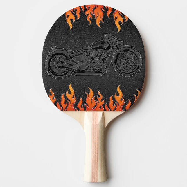 Black Leather Orange Flames Hot Fire Motorcycle Ping-Pong Paddle (Front)