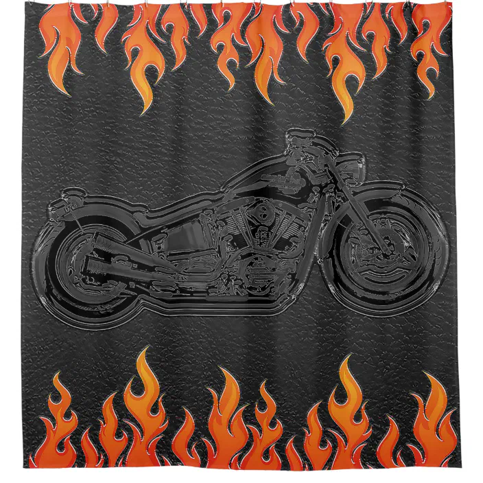 Black Leather Orange Flames Hot Fire, Motorcycle Shower Curtain