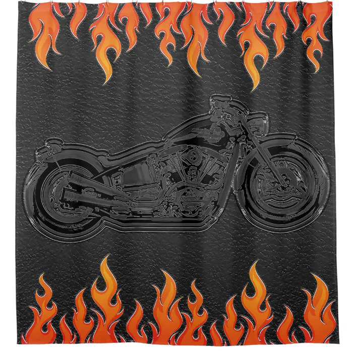 Black Leather Orange Flames Hot Fire Motorcycle Shower Curtain Zazzle Com Black Leather Orange Flames Hot Fire, Motorcycle Shower Curtain