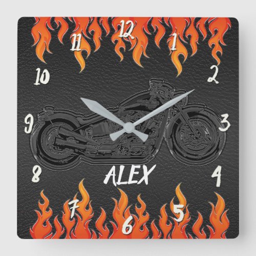 Black Leather Orange Flames Hot Fire Motorcycle Square Wall Clock