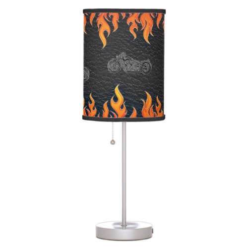 Black Leather Orange Flames Hot Fire Motorcycle Table Lamp
