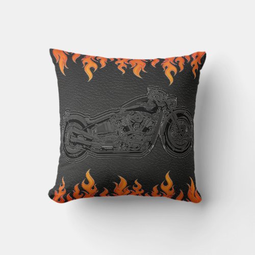 Black Leather Orange Flames Hot Fire Motorcycle Throw Pillow
