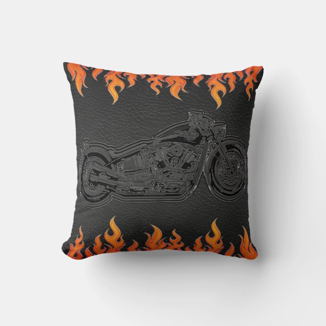 Black Leather Orange Flames Hot Fire Motorcycle Throw Pillow (Front)