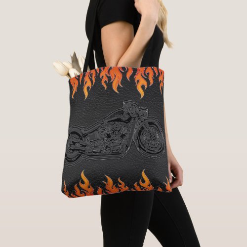 Black Leather Orange Flames Hot Fire Motorcycle Tote Bag