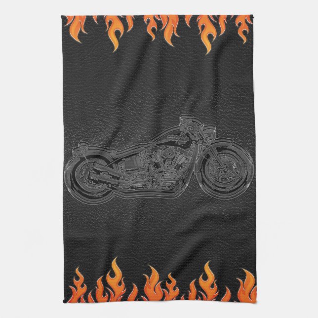 Black Leather Orange Flames Hot Fire Motorcycle Towel (Vertical)