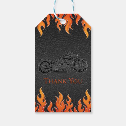 Black Leather Orange Flames Motorcycle Biker Party Gift Tags