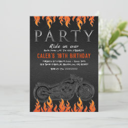 Black Leather Orange Flames Motorcycle Biker Party Invitation | Zazzle