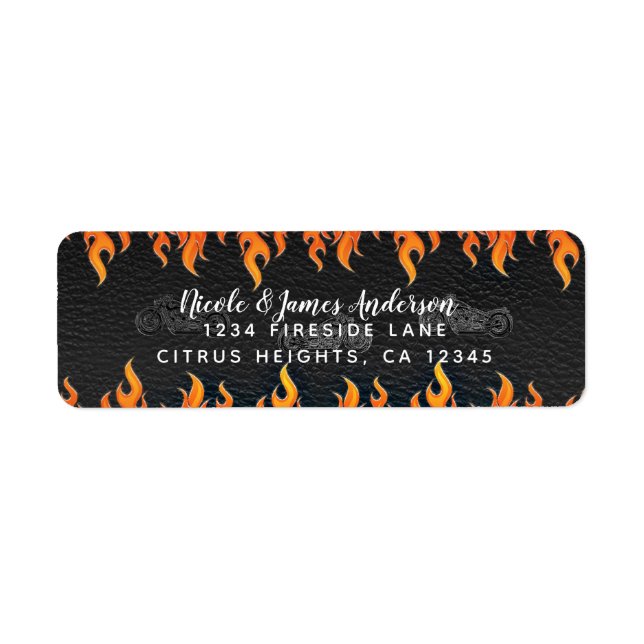 Black Leather Orange Flames Motorcycle Biker Party Label (Front)