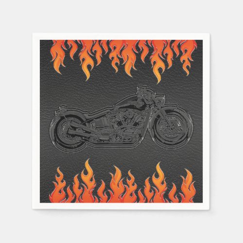 Black Leather Orange Flames Motorcycle Biker Party Napkins