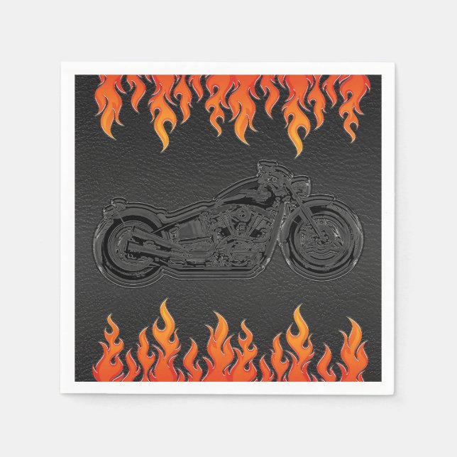 Black Leather Orange Flames Motorcycle Biker Party Napkins (Front)