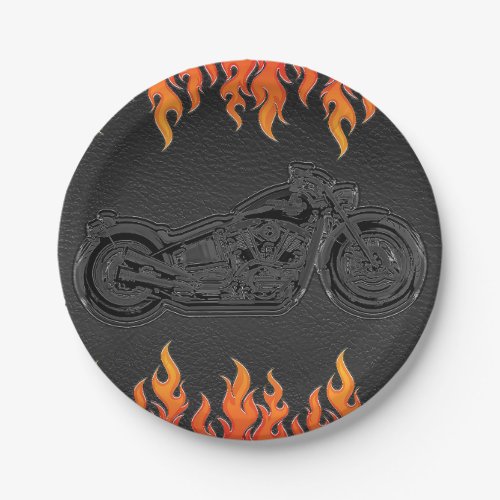 Black Leather Orange Flames Motorcycle Biker Party Paper Plates