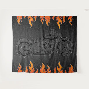 Black Leather Orange Flames Motorcycle Biker Party Tapestry