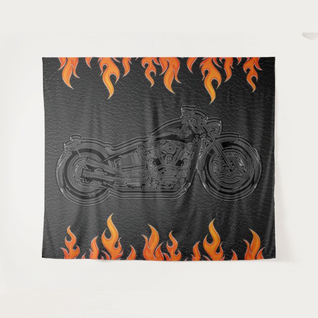 Black Leather Orange Flames Motorcycle Biker Party Tapestry (Front (Horizontal))