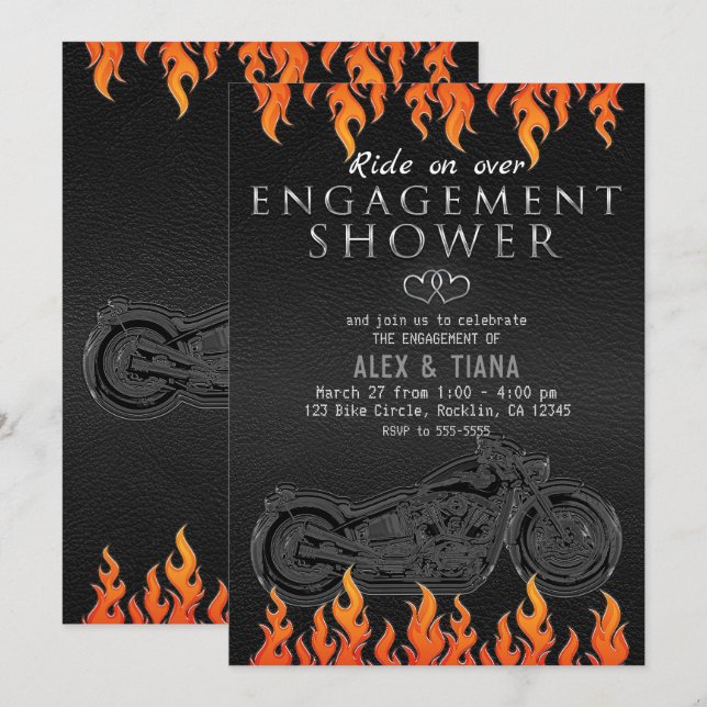 Black Leather Orange Flames Motorcycle Engagement Invitation (Front/Back)