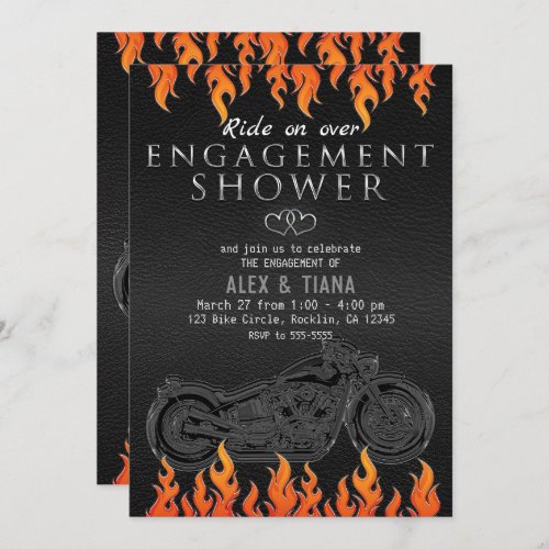 Black Leather Orange Flames Motorcycle Engagement Invitation