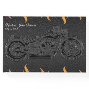 Black Leather & Orange Flames Motorcycle Wedding Guest Book