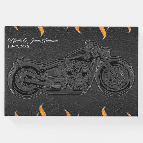Black Leather  Orange Flames Motorcycle Wedding Guest Book