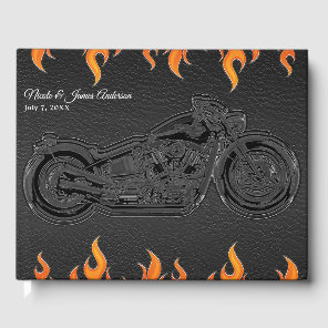 Black Leather & Orange Flames Motorcycle Wedding Guest Book