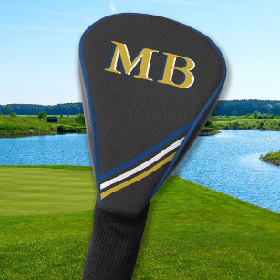 Black Leather Personalized Monogram Gold Stripes Golf Head Cover