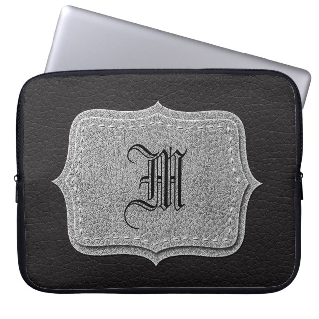 Black Leather Personalized Monogram Laptop Sleeve (Front)